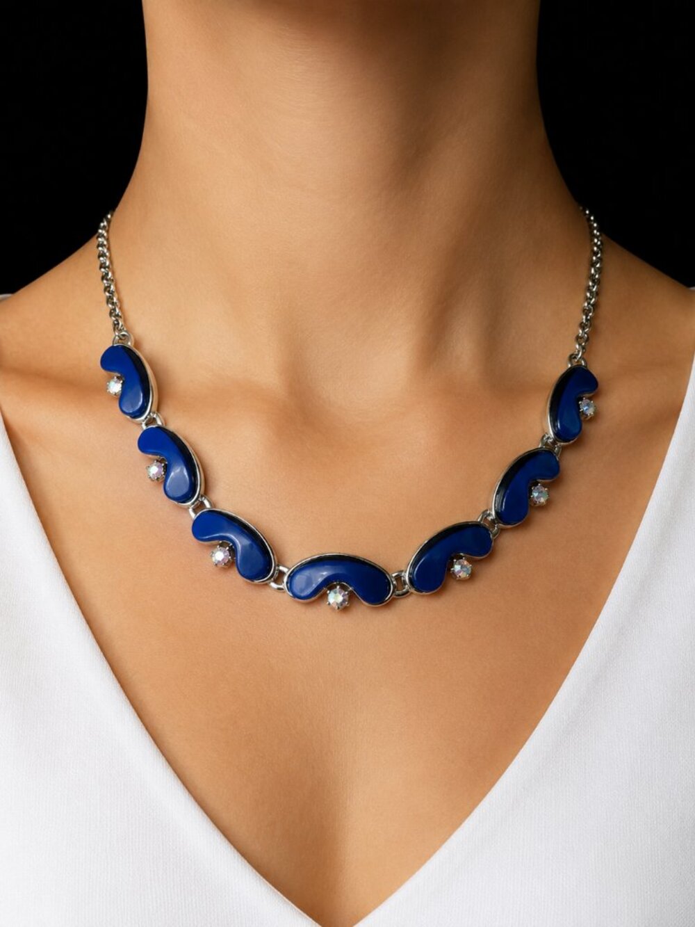 Cobalt Blue Silver Tone Sparkling Statement Necklace